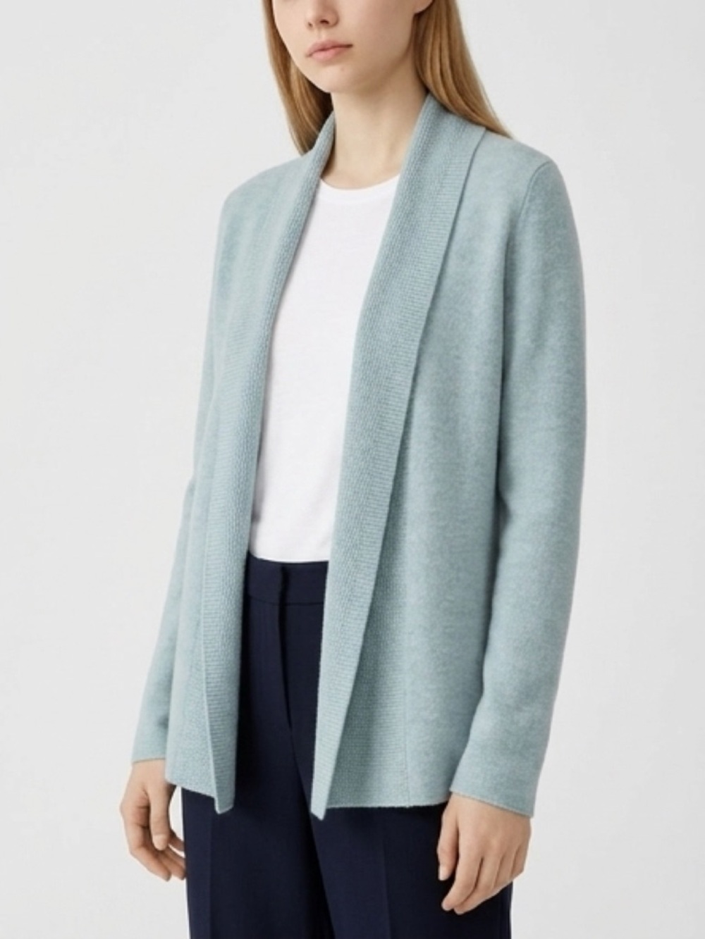 Eileen Fisher 100% Wool Open Front Cardigan Sweater Seafoam Blue Size Small